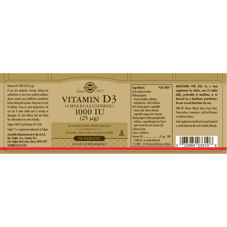 Solgar®Vitamin D3 (Cholecalciferol) 1000 IU (25µg) 90 Tablets