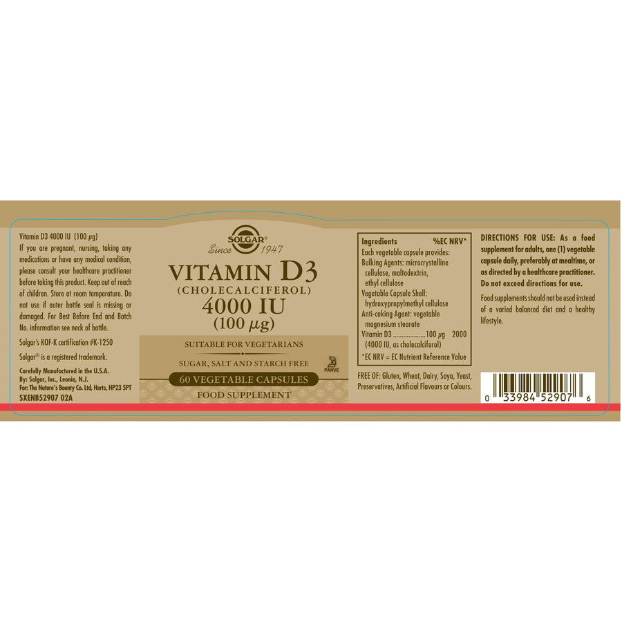 Solgar Vitamin D3 (Cholecalciferol) 4000IU 60 Vegetable Capsules